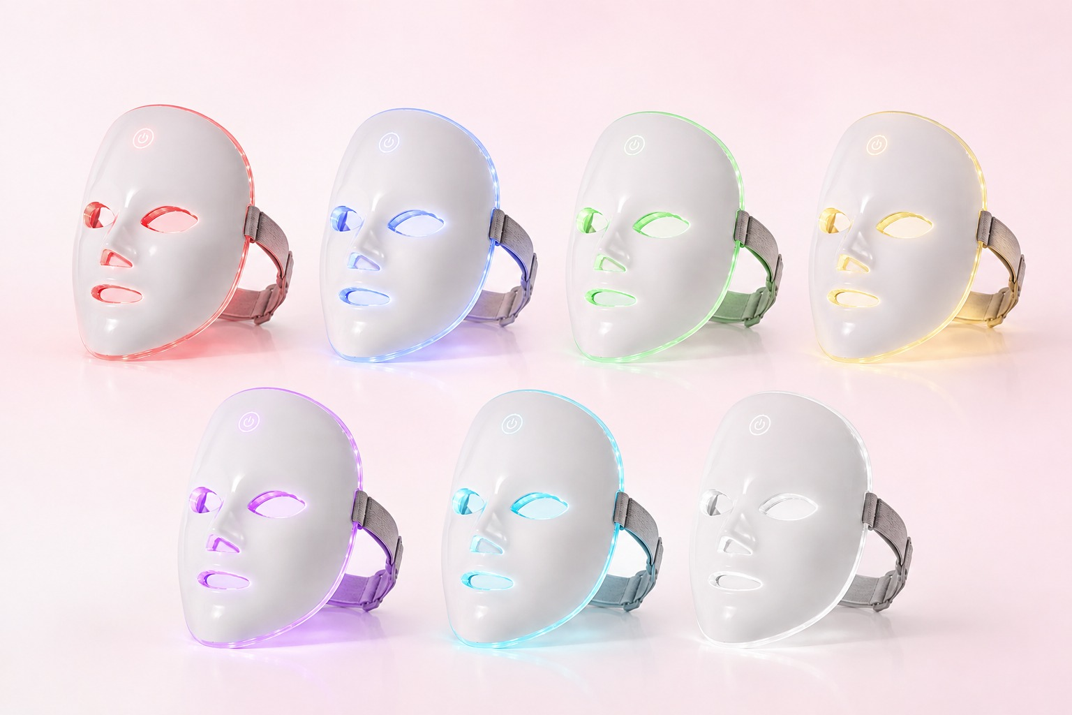 Seven LED face masks, one per light colour